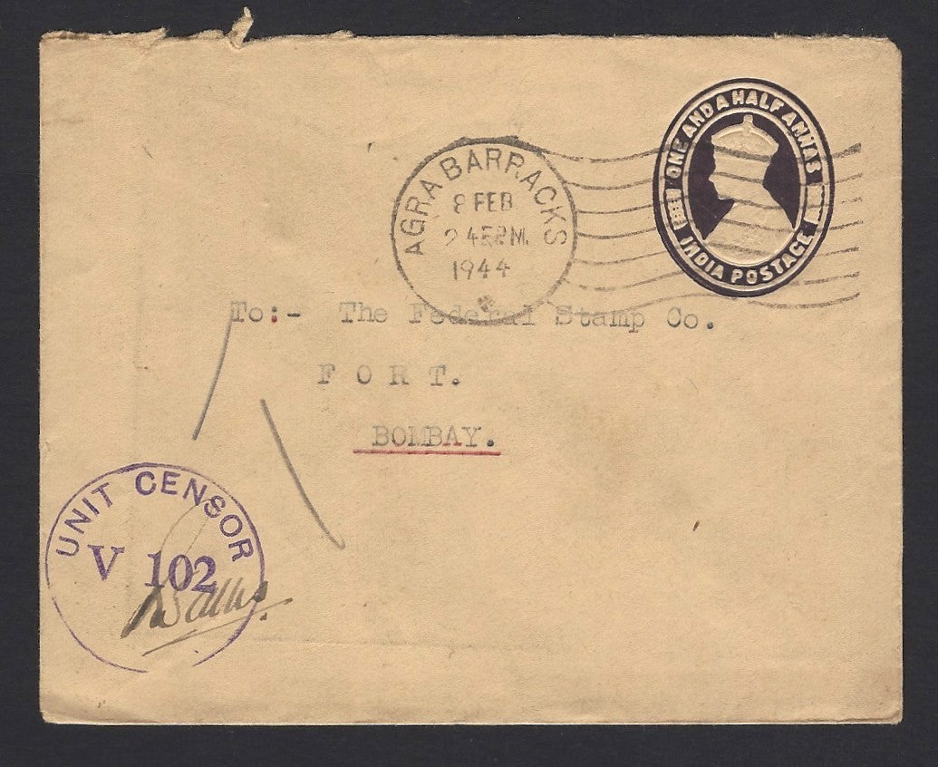 India WW2 1944 censor cover canc. AGRA BARRACKS