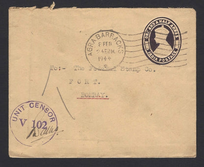 India WW2 1944 censor cover canc. AGRA BARRACKS