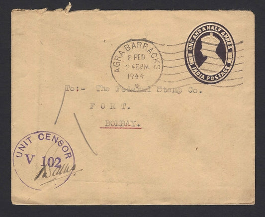 India WW2 1944 censor cover canc. AGRA BARRACKS