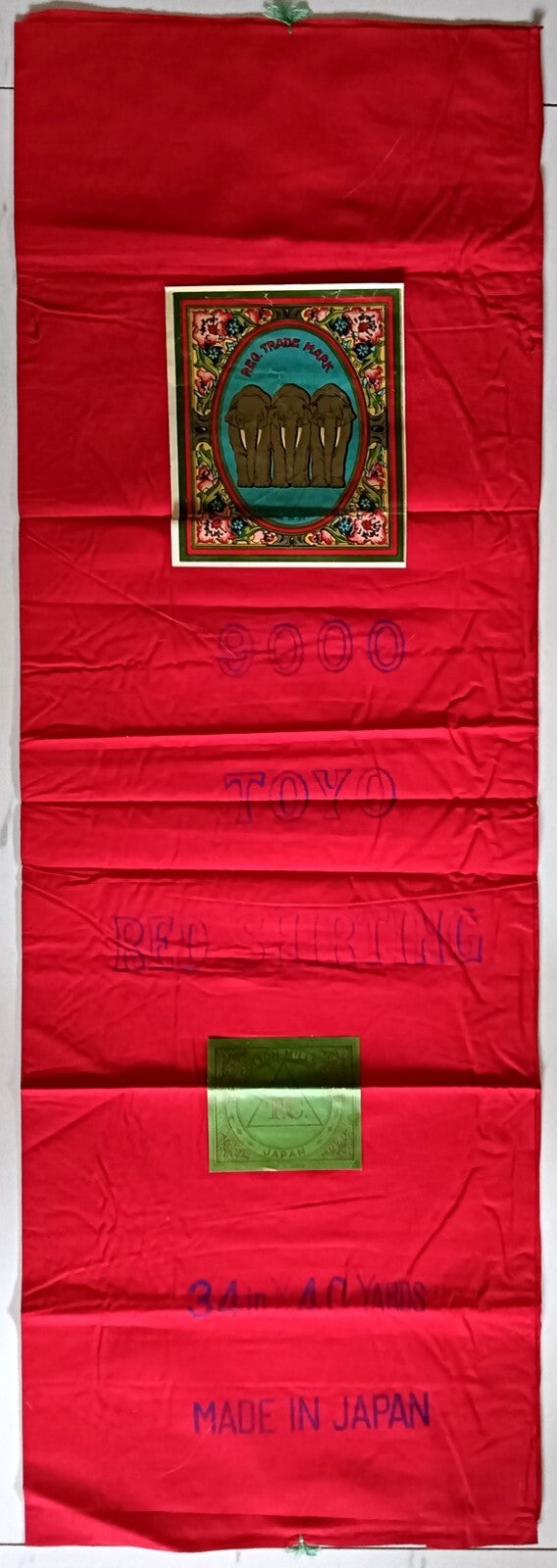 India vintage red shirting cloth sample 36" x 51" with brand labels 3 Elephants