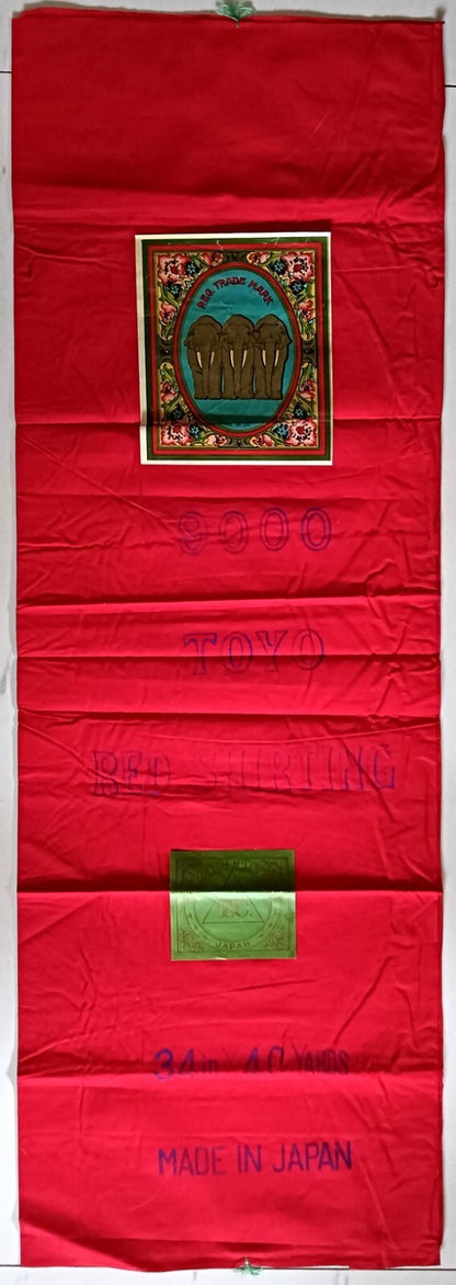 India vintage red shirting cloth sample 36" x 51" with brand labels 3 Elephants