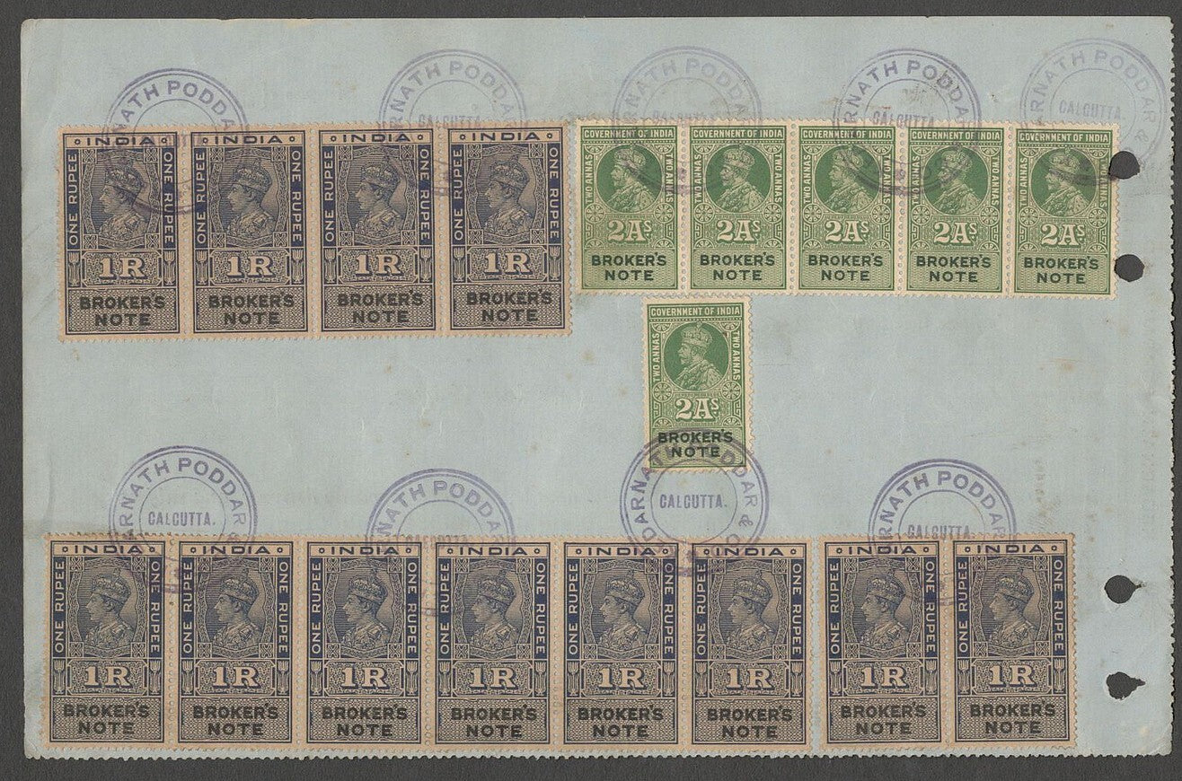 AOP India KGV Broker's Note 2a x 6 & 1R x 12 on 1945 contact note
