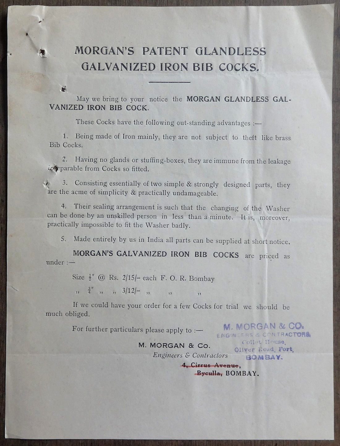 India 1939 advertisements & price list for MORGAN’S PATENT ANTI-WASTE COCKS