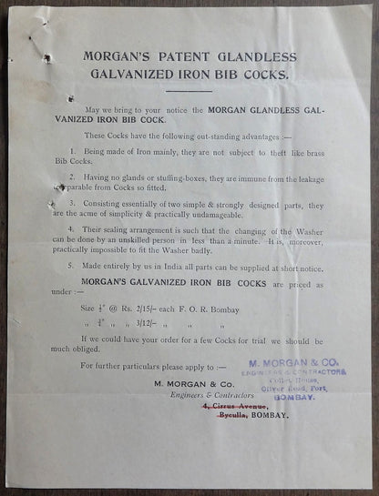 India 1939 advertisements & price list for MORGAN’S PATENT ANTI-WASTE COCKS