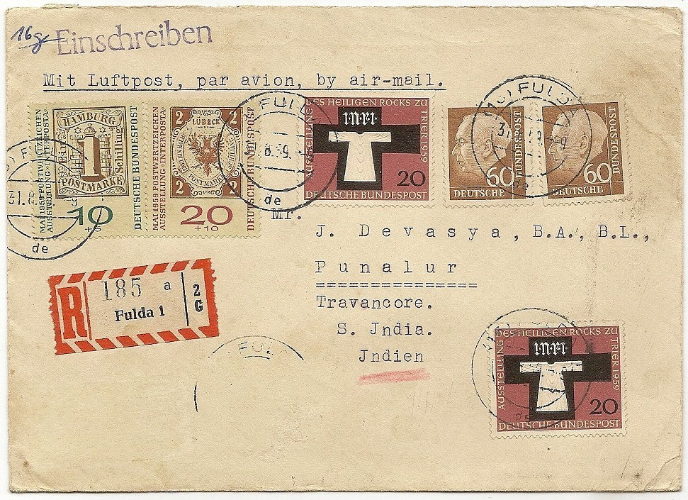 Germany 1959 registered cover Fulda to India with better stamps