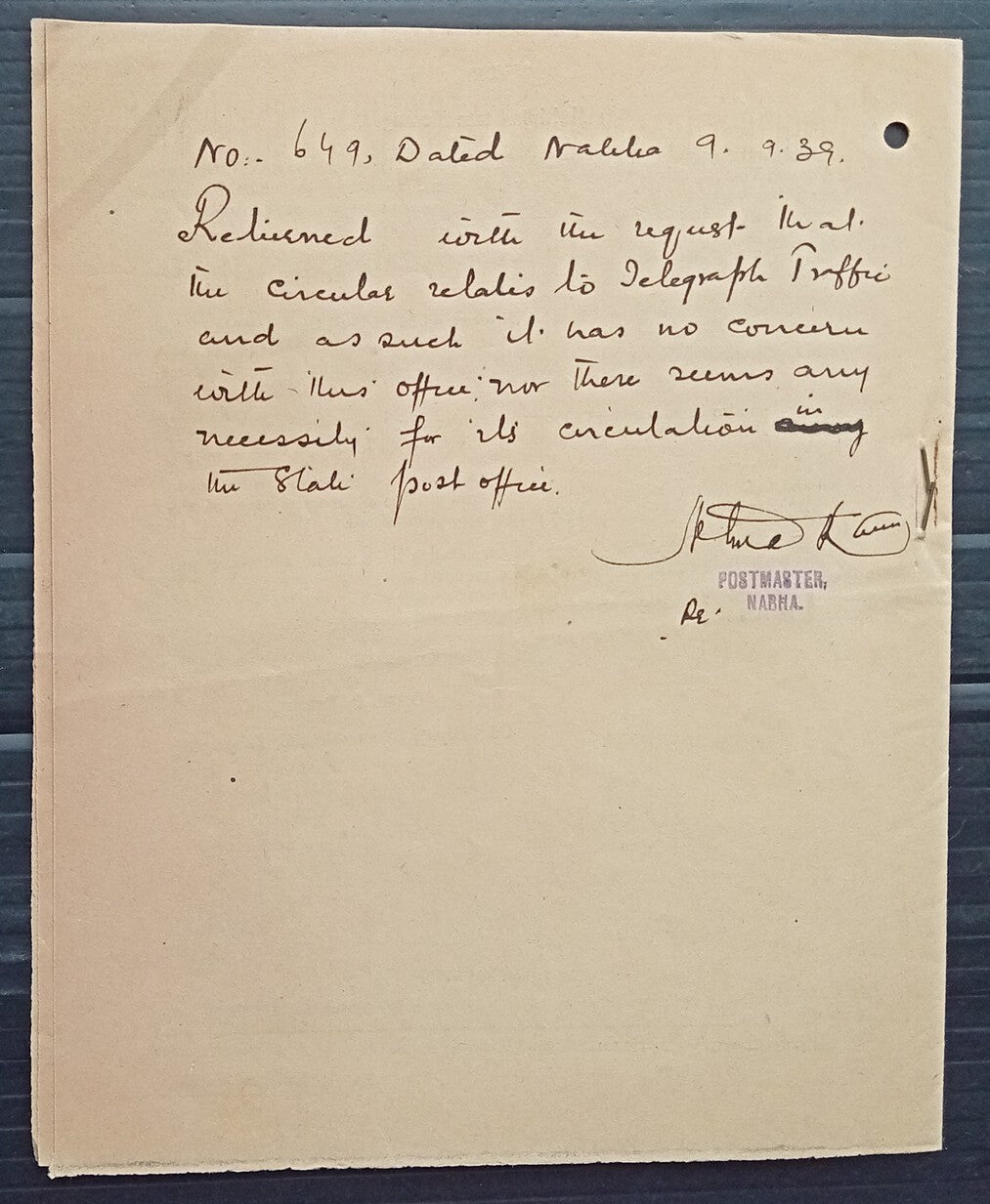 India 1939 POSTAL NOTICE Correction to Post and Telegraph Guide Sept 1939 #22