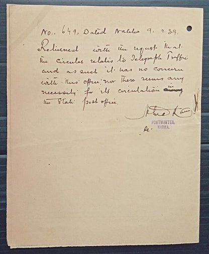 India 1939 POSTAL NOTICE Correction to Post and Telegraph Guide Sept 1939 #22