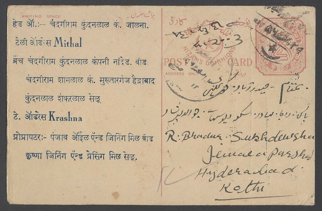 AOPIMT India Hyderabad State 4p uprated advertisement postal card used