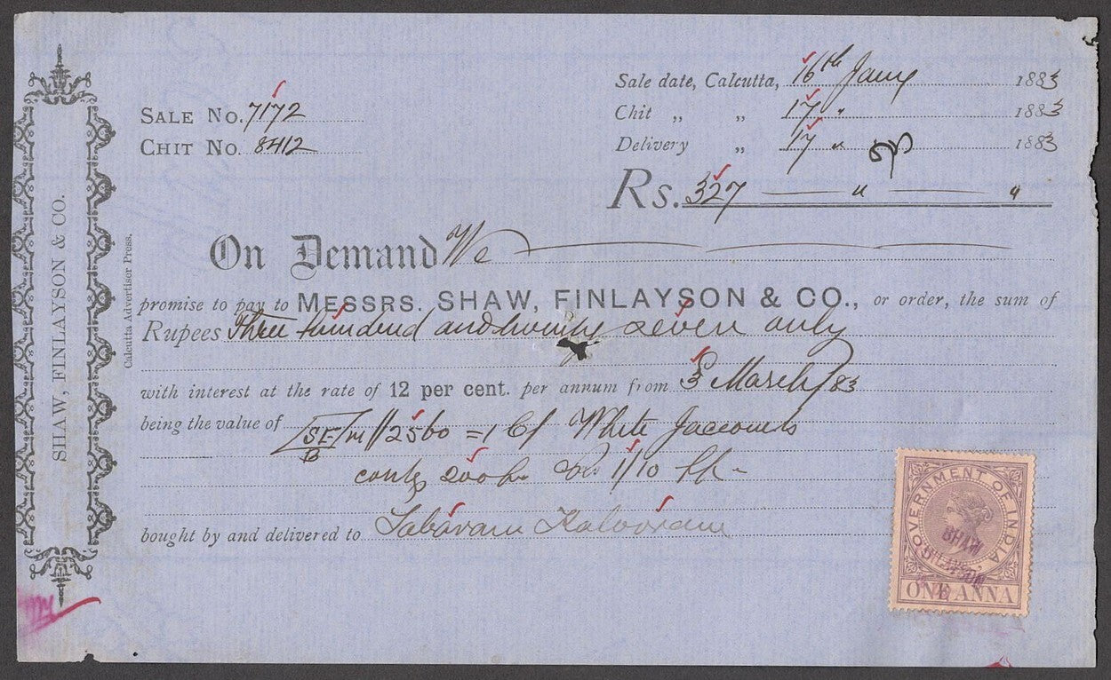 India 1882-84 Demand Notes with Queen Victoria 1a lilac revenue stamps (5)
