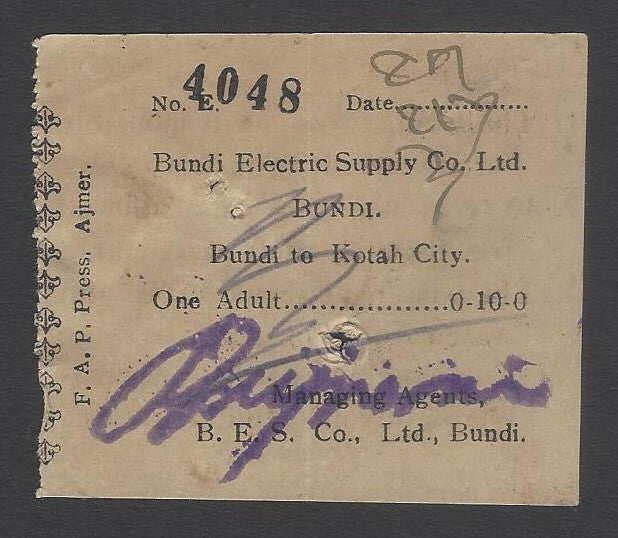 AOPIMT India 1941 Bundi Electric Supply Co. bus ticket Bundi to Kotah