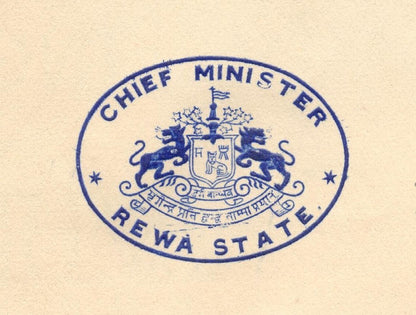 India 1945 crested letter CHIEF MINISTER / REWA STATE signed
