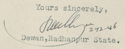 India 1946 crested letter DEWAN OFFICE RADHANPUR signed