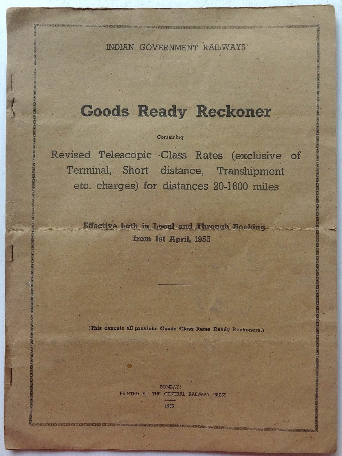 India 1955 Indian Railways Ready Reckoner of Telescopic Class Rates 25pgs