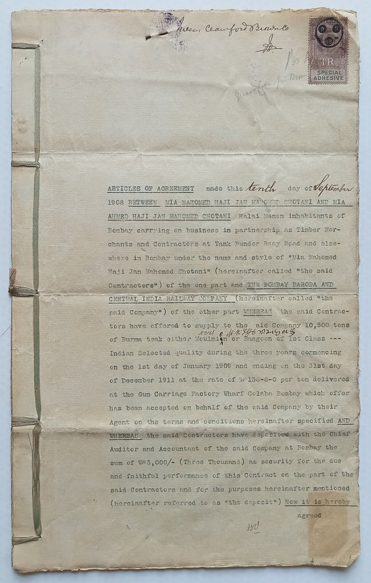 AOP India 1908 Indenture : BB&CI Railway