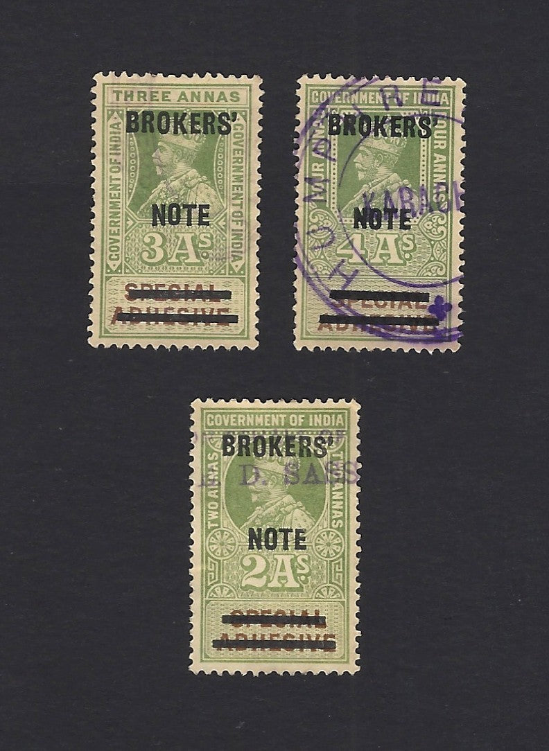 India 1912 Broker’s Note overprints on Special Adhesives 3v