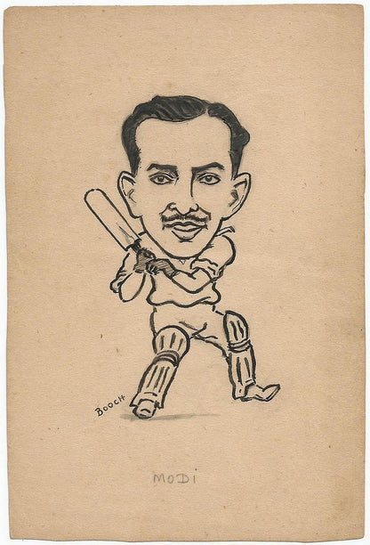 Cricket India 1946 England tour Rusi Modi pen sketch by cartoonist R Booch Ӝ