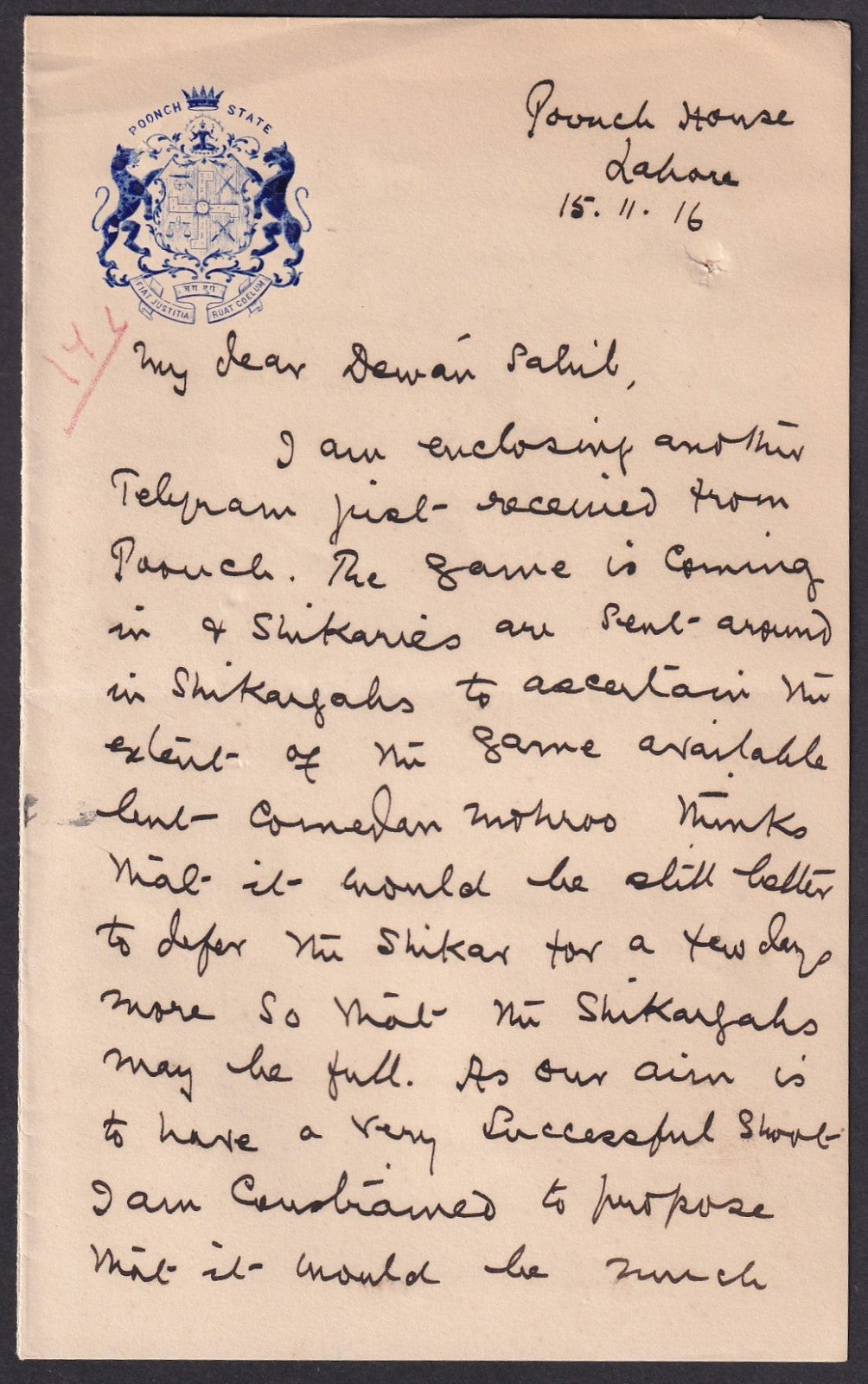India POONCH STATE crested letterhead re:hunting signed by Raja Baldeo Singh