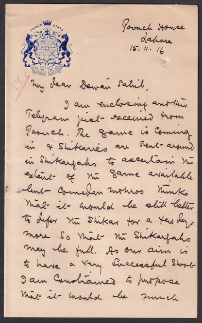 India POONCH STATE crested letterhead re:hunting signed by Raja Baldeo Singh