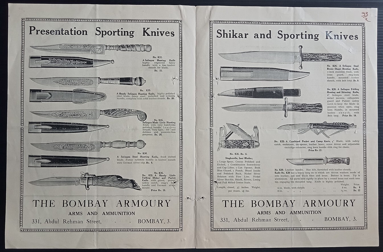 India 1920s illustrated price-list Sporting & Shokar THE BOMBAY ARMOURY