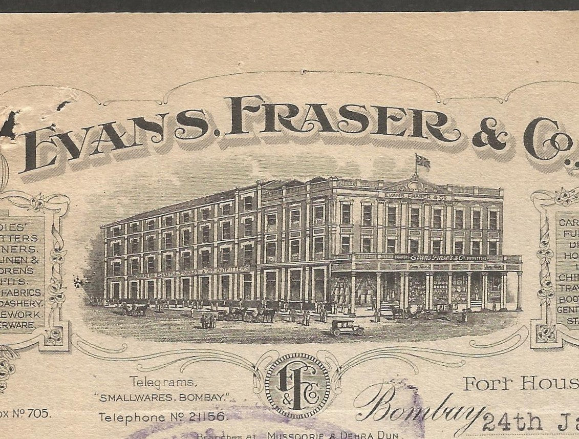 India 1928 illustrated letterhead EVANS FRASER Outfitter & Furnishers Bombay