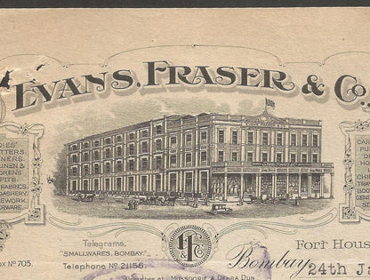 India 1928 illustrated letterhead EVANS FRASER Outfitter & Furnishers Bombay