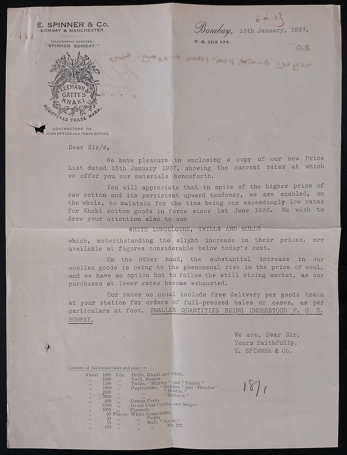 AOP India 1937 LEEMANN & GATTY'S KHAKI letterhead