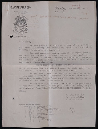AOP India 1937 LEEMANN & GATTY'S KHAKI letterhead