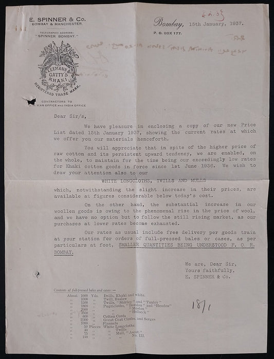 AOP India 1937 LEEMANN & GATTY'S KHAKI letterhead