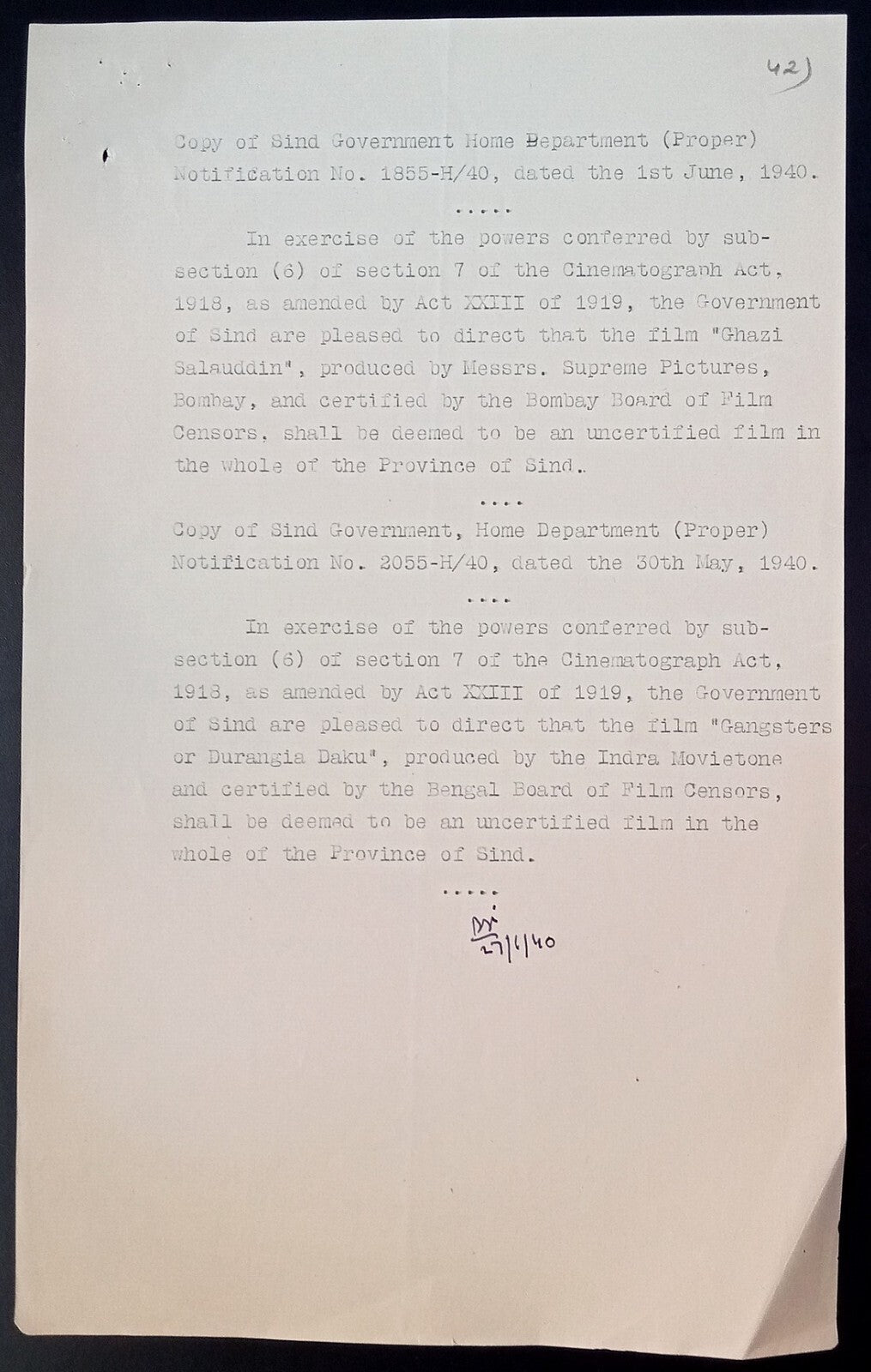 India 1940 Official Order BANNING the movie GHAZI SALAUDDIN in Sind