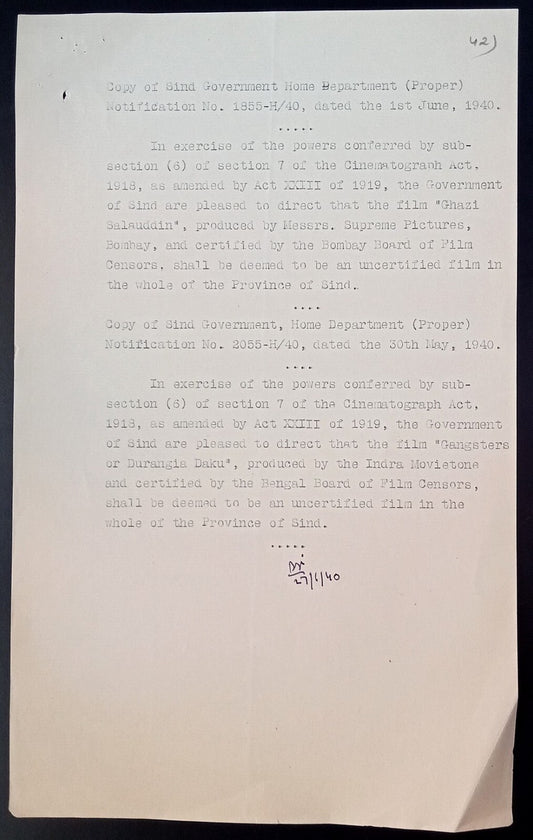 India 1940 Official Order BANNING the movie GHAZI SALAUDDIN in Sind