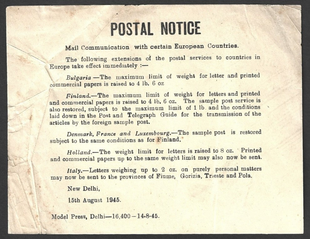 India 1945 POSTAL NOTICE Mail Communications with certain European Countries