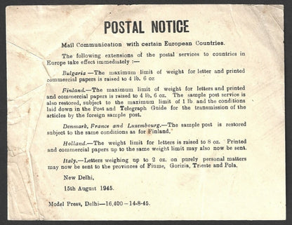 India 1945 POSTAL NOTICE Mail Communications with certain European Countries