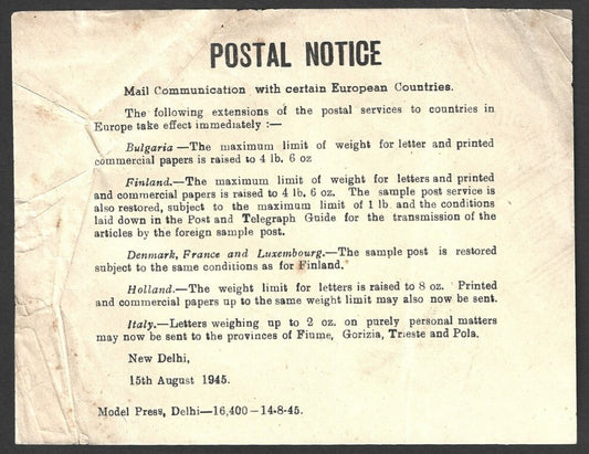 India 1945 POSTAL NOTICE Mail Communications with certain European Countries