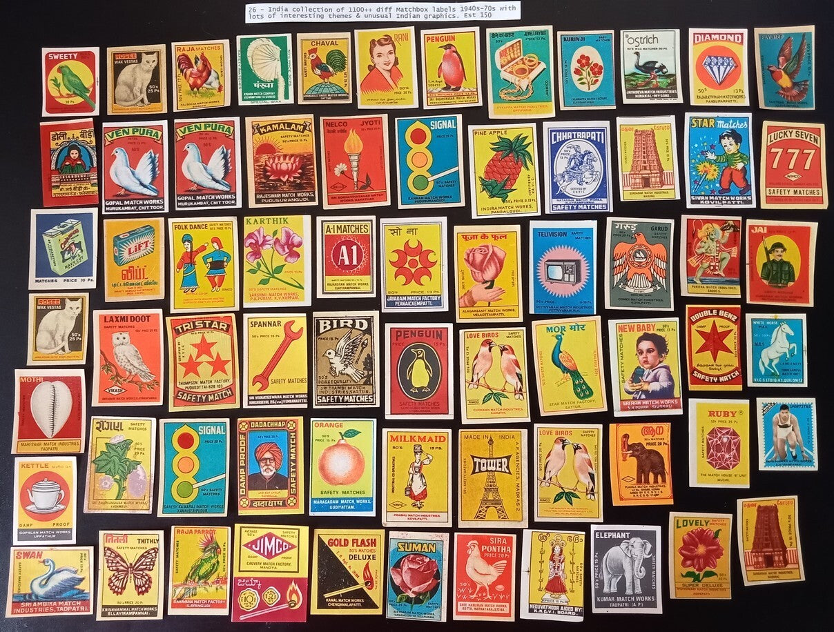 Collection of vintage matchbox labels India unusual graphics 900+ different