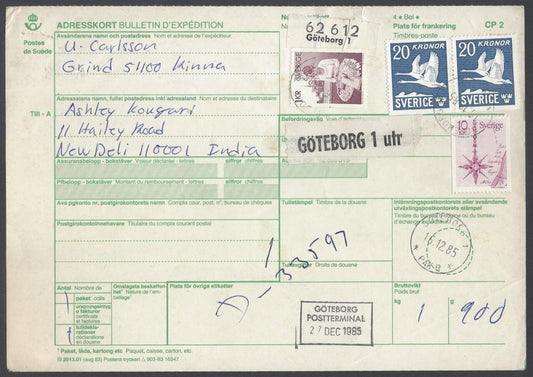 AOP Sweden #C8 1942-53 20Kr Bird x 2 on parcel card to India 