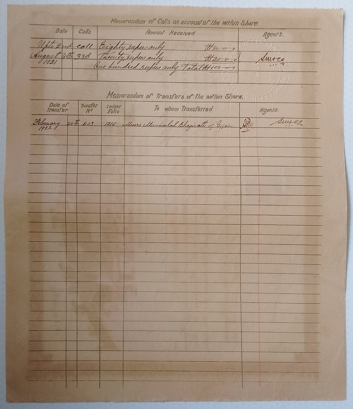(AOP) India share certificate - 1921 THE SIPRA SPINNING & WEAVING MILLS LTD.