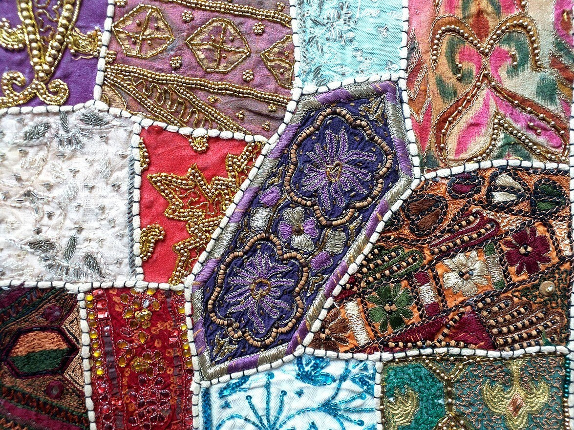 Vintage multipurpose Indian mat wi hand embroidery, sequins, beads, zari, etc