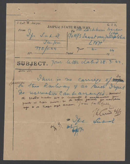 AOPIMT India Jaipur state Railway 1944 telegram