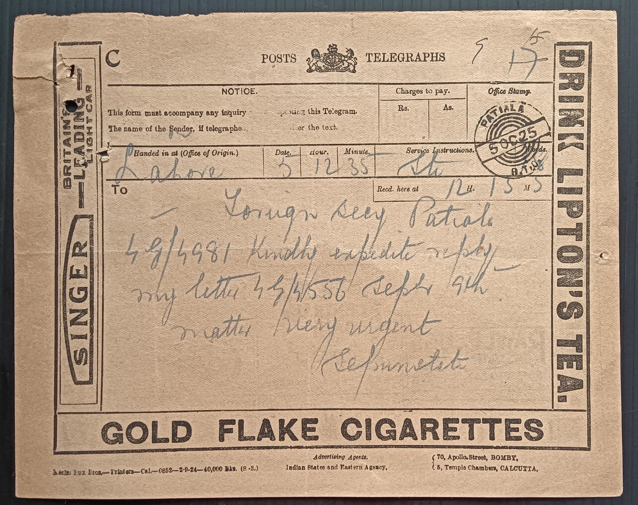 India 1926 telegram with multiple advertisements LIPTONS, CASTROL, QUAKER OATS