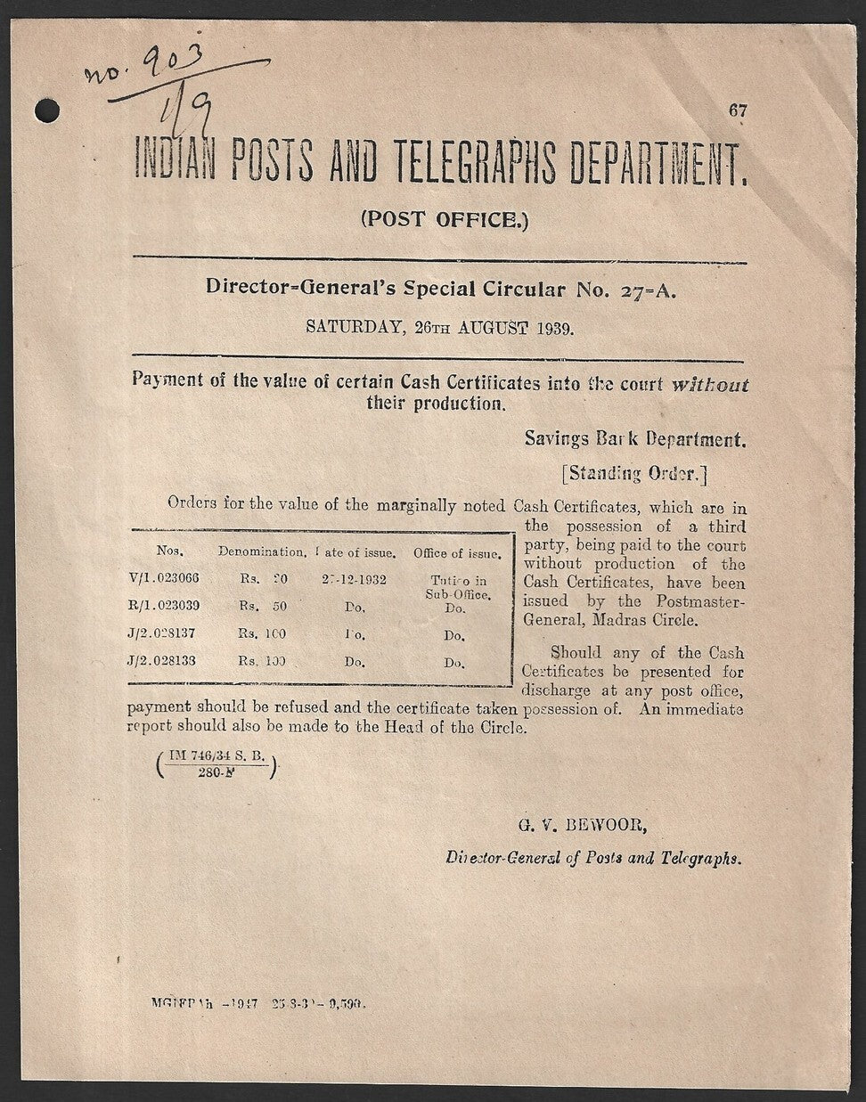 India 1939 POSTAL NOTICE Post Office Cash Certificates