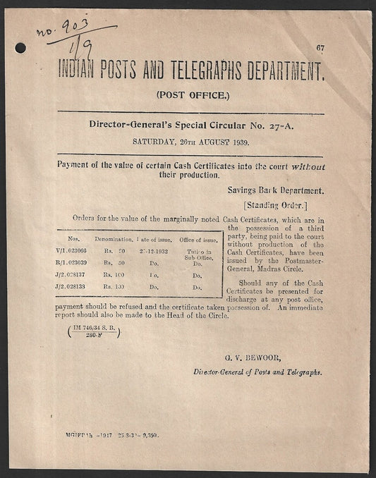 India 1939 POSTAL NOTICE Post Office Cash Certificates