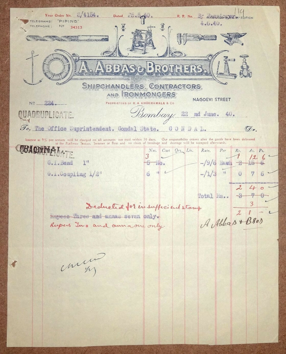 India 1940 Abbas & Bros Shipchandlers & Ironmongers Illustrated Billhead
