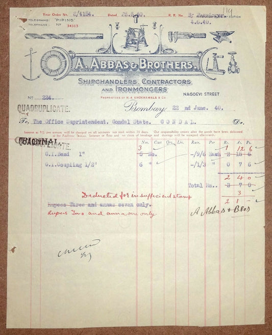 India 1940 Abbas & Bros Shipchandlers & Ironmongers Illustrated Billhead