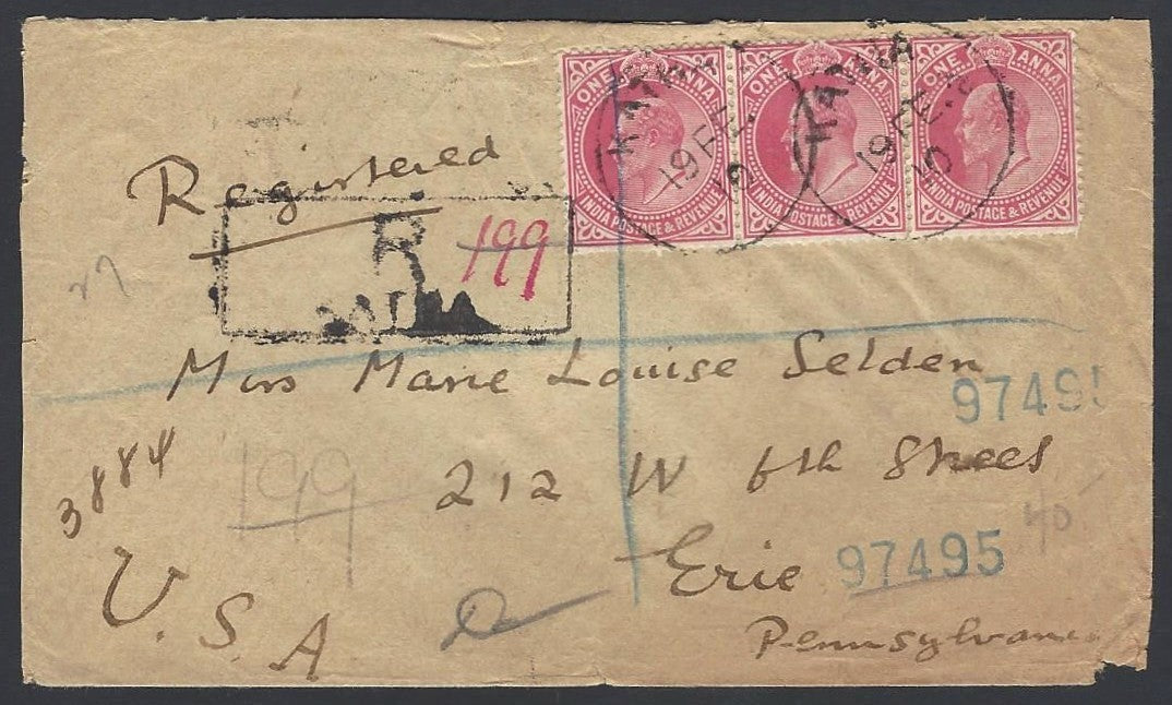 India 1910 registered cover Katra to USA with KEdVII 1a strip of 3