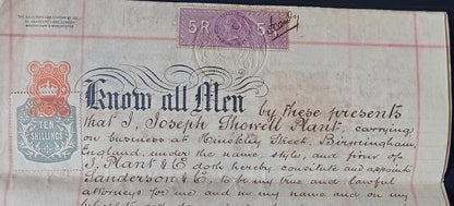 India QV 5R Special Adhesive revenue on PoA GB 10s revenue & 1897 postage 1s zaz
