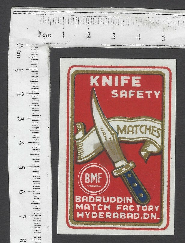AOP India vintage matchbox label Knife by Badruddin Match Factory, Hyderabad