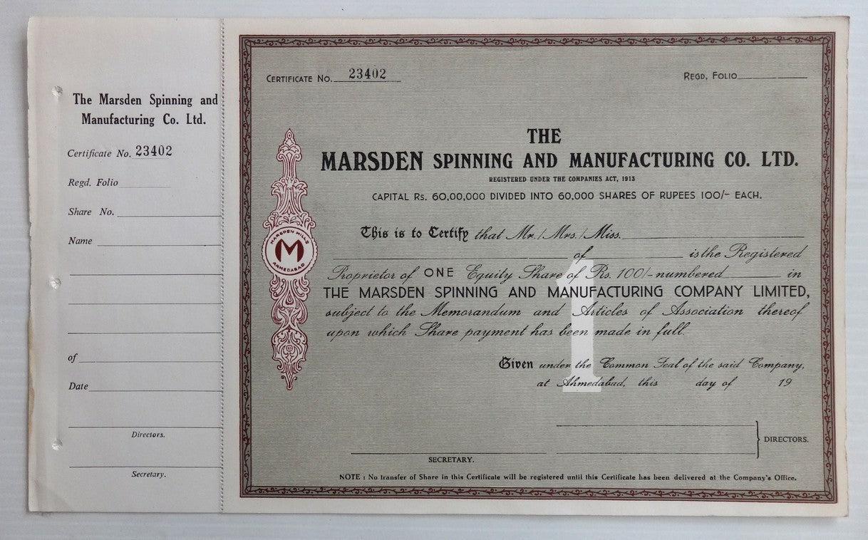 India Marsden Spinning share certificate UNUSED