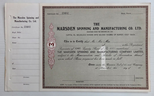 India Marsden Spinning share certificate UNUSED