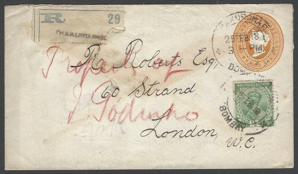 India QV 2a6p yellow envelope uprated KGV 1/2a used 1918 to England