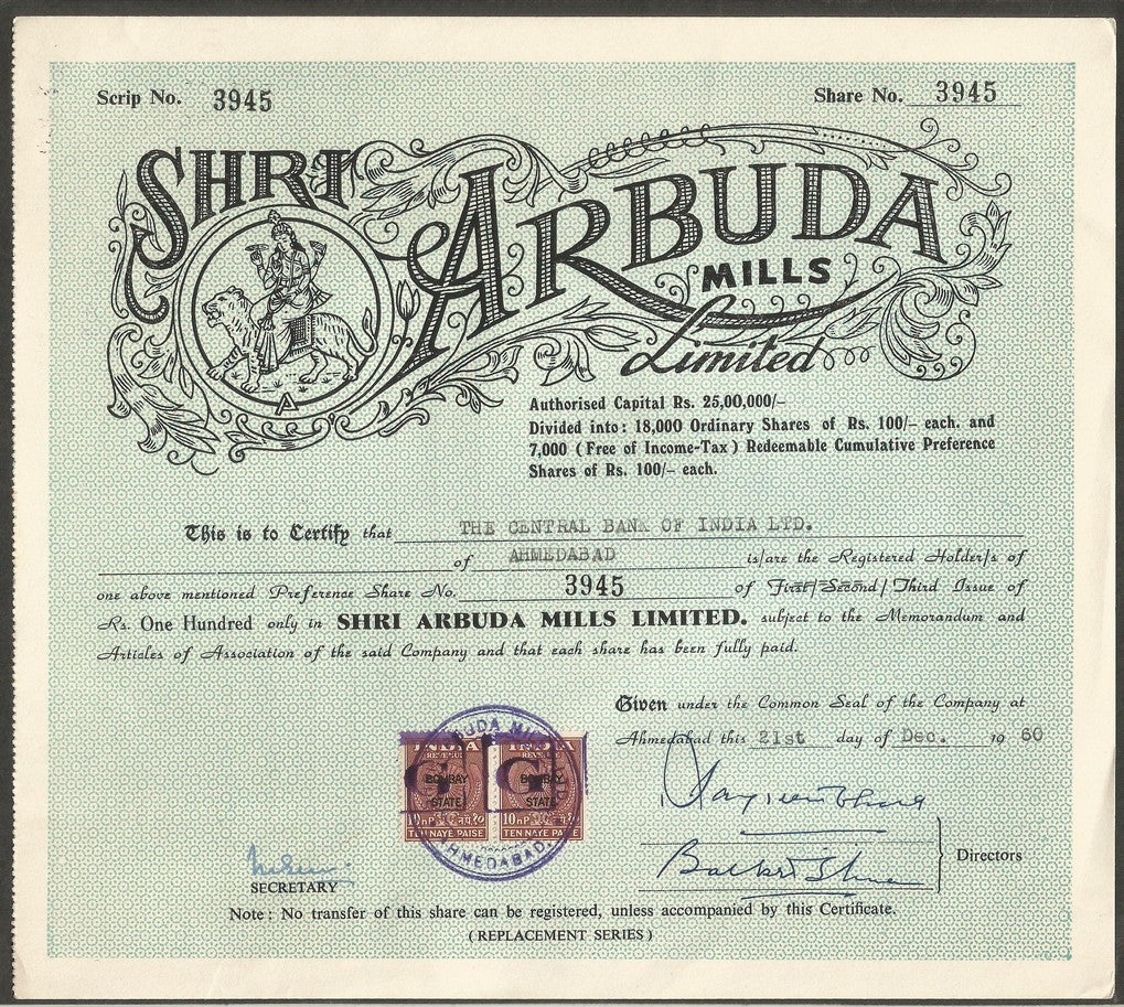 India SHREE ARBUDA MILLS share certificates x 3 different 1960-68